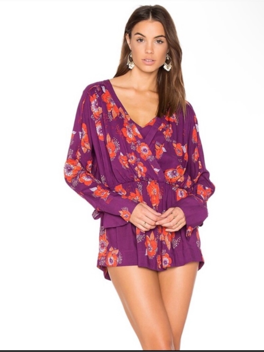 Free People Purple Floral Long-Sleeve Romper Size XS